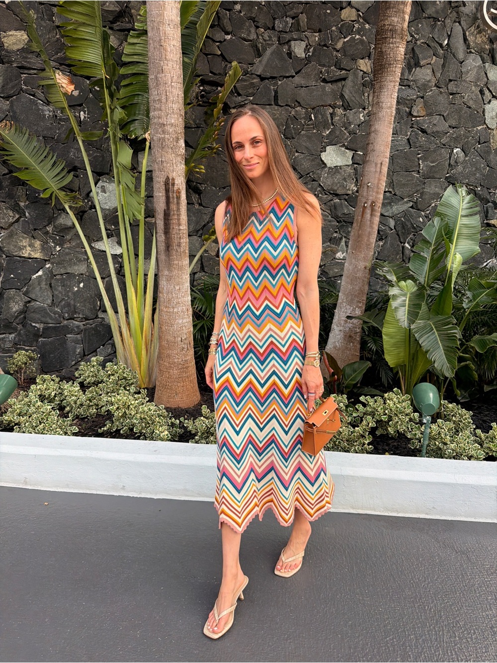 Shoshanna Multicolor Chevron Midi Dress in Orange, Blue, Pink & Cream